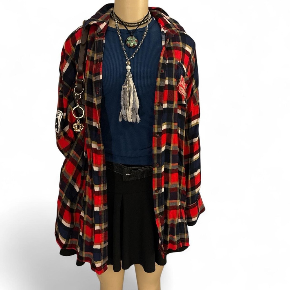 Umgee USA Red & Blue Plaid Oversized Tunic Blouse Size M
